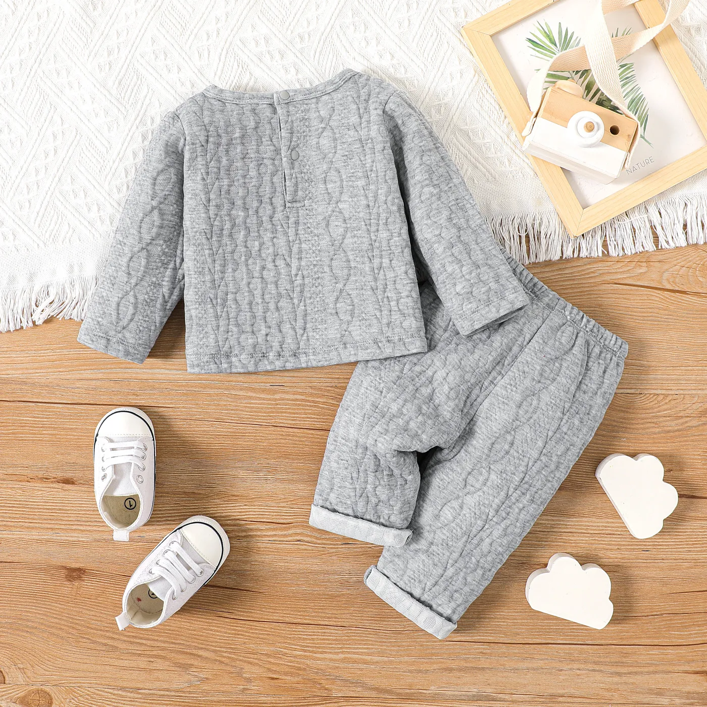 2pcs Baby Boy Cloud Embroidered Grey Imitation Knitting Long-sleeve Set Grey image 2