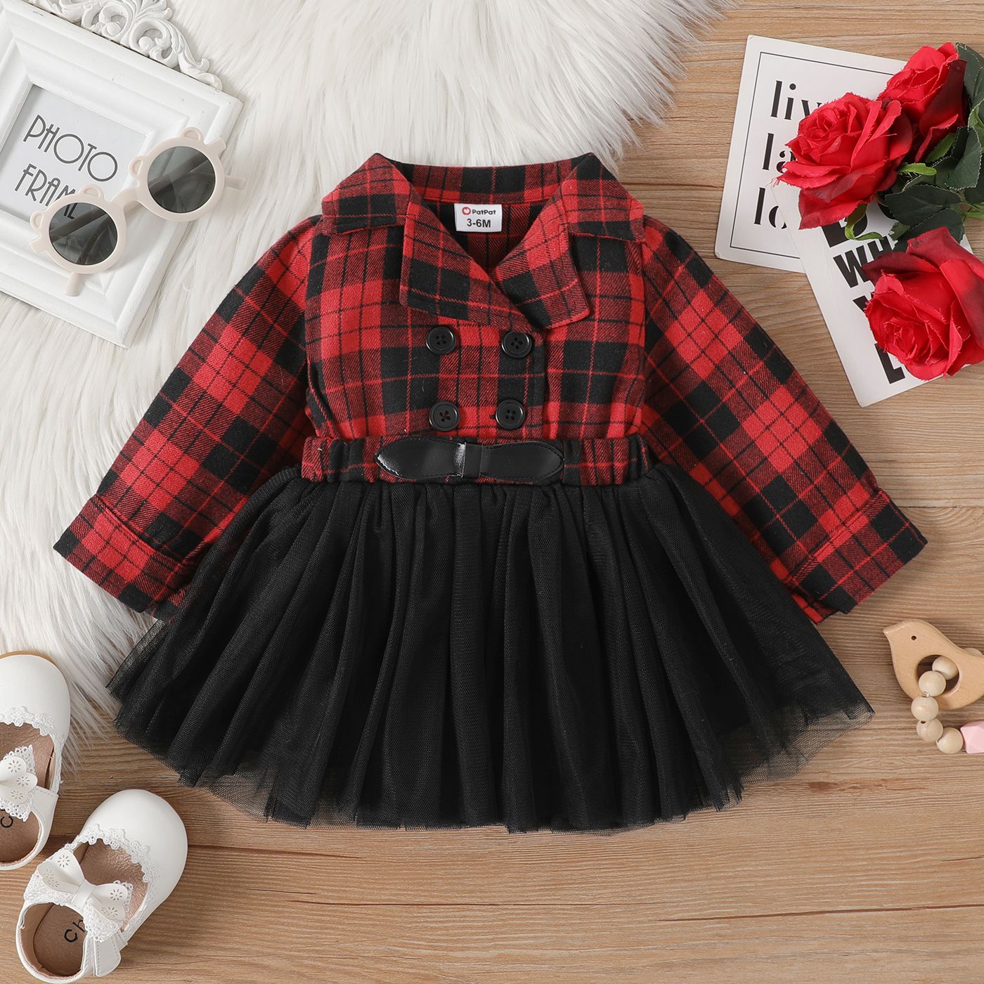 

Baby Girl Double Breasted Plaid Lapel Long-sleeve Spliced Mesh Dress