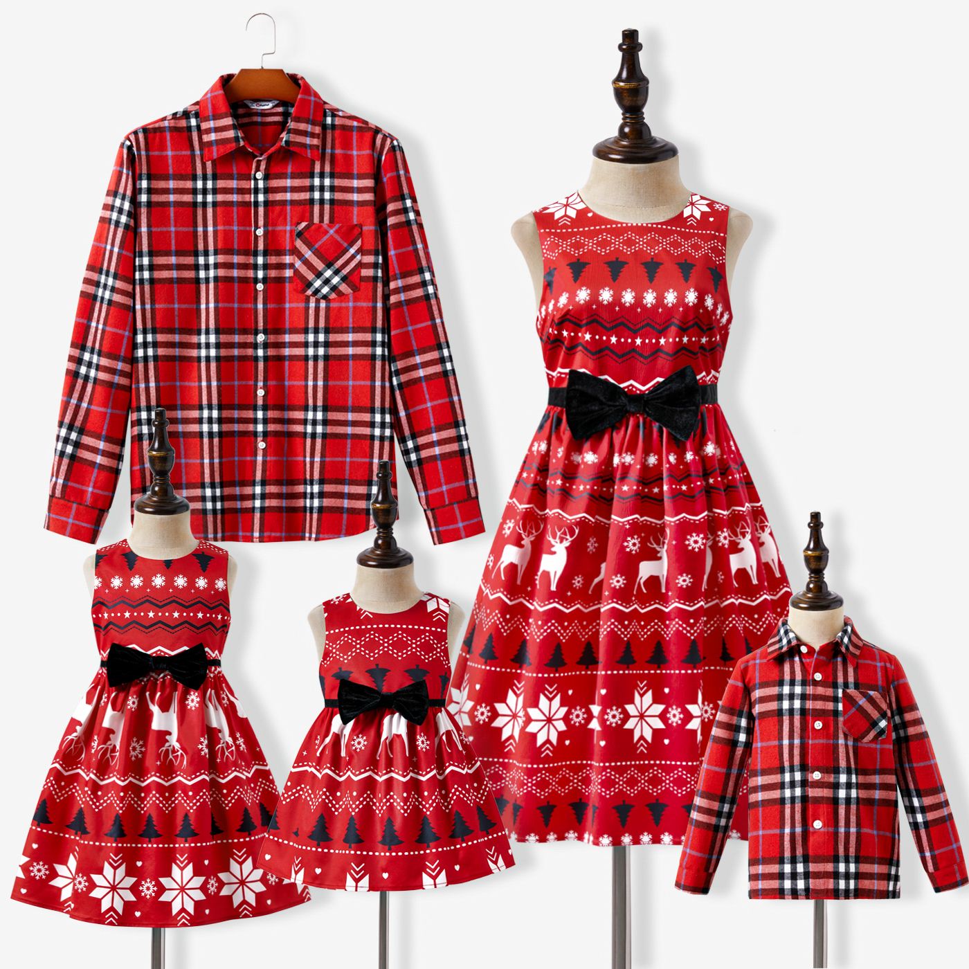 

Christmas Family Matching Allover Print Bow Front Red A-line Tank Dresses and Long-sleeve Plaid Shirts Sets