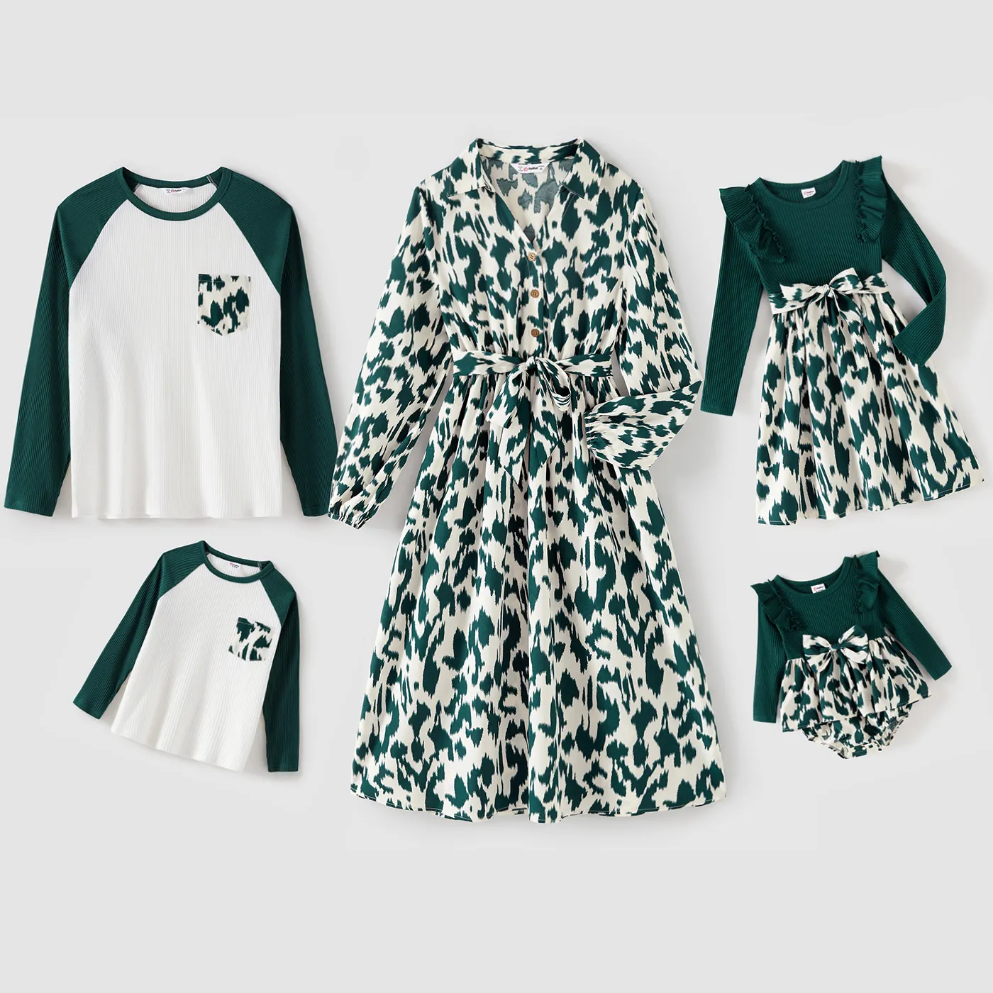 

Family Matching Allover Green Print Belted Dresses and Ribbed Colorblock Raglan-sleeve T-shirts Sets