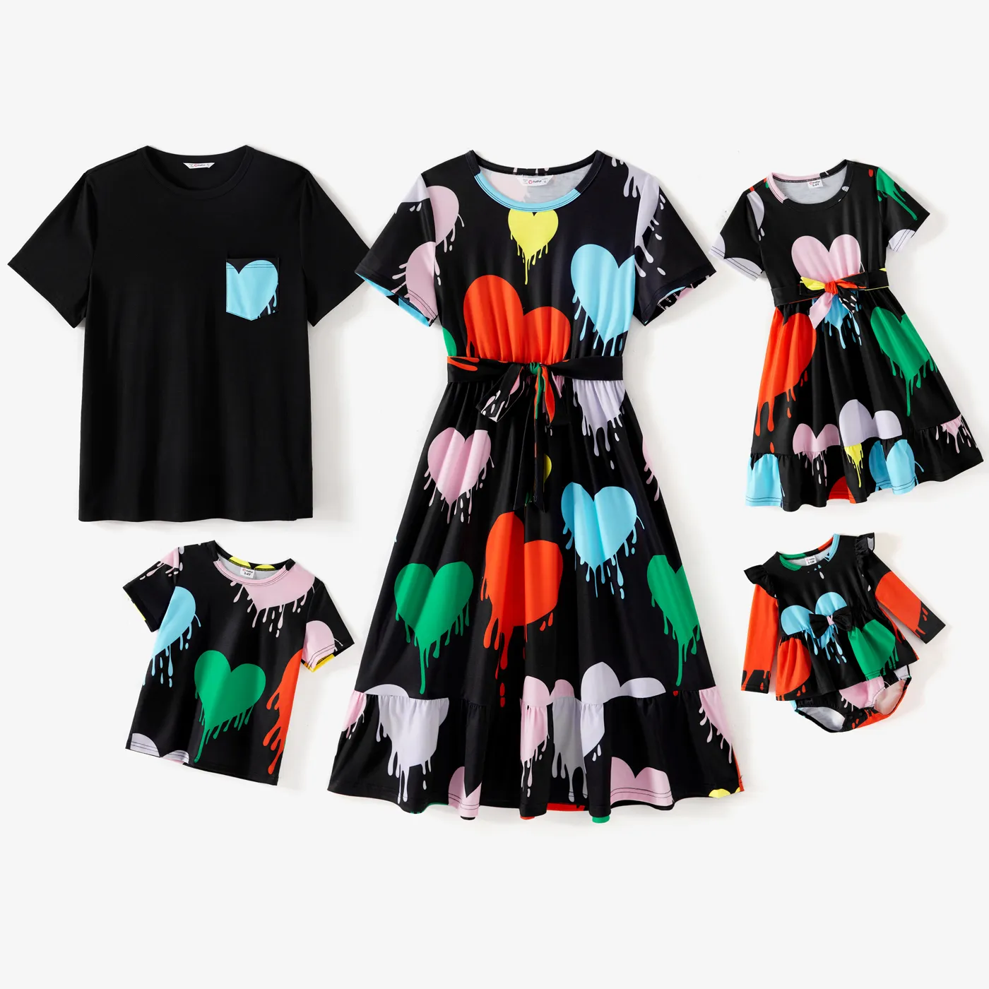 

Family Matching Allover Colorful Heart Print Belted Short-sleeve Dresses and T-shirts Sets