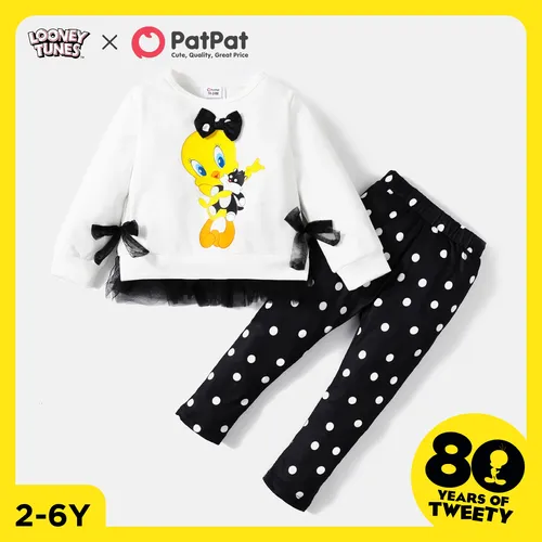Looney Tunes 2pcs Toddler Girl Bowknot Design Mesh Splice Cotton Tee and Polka dots Leggings Set