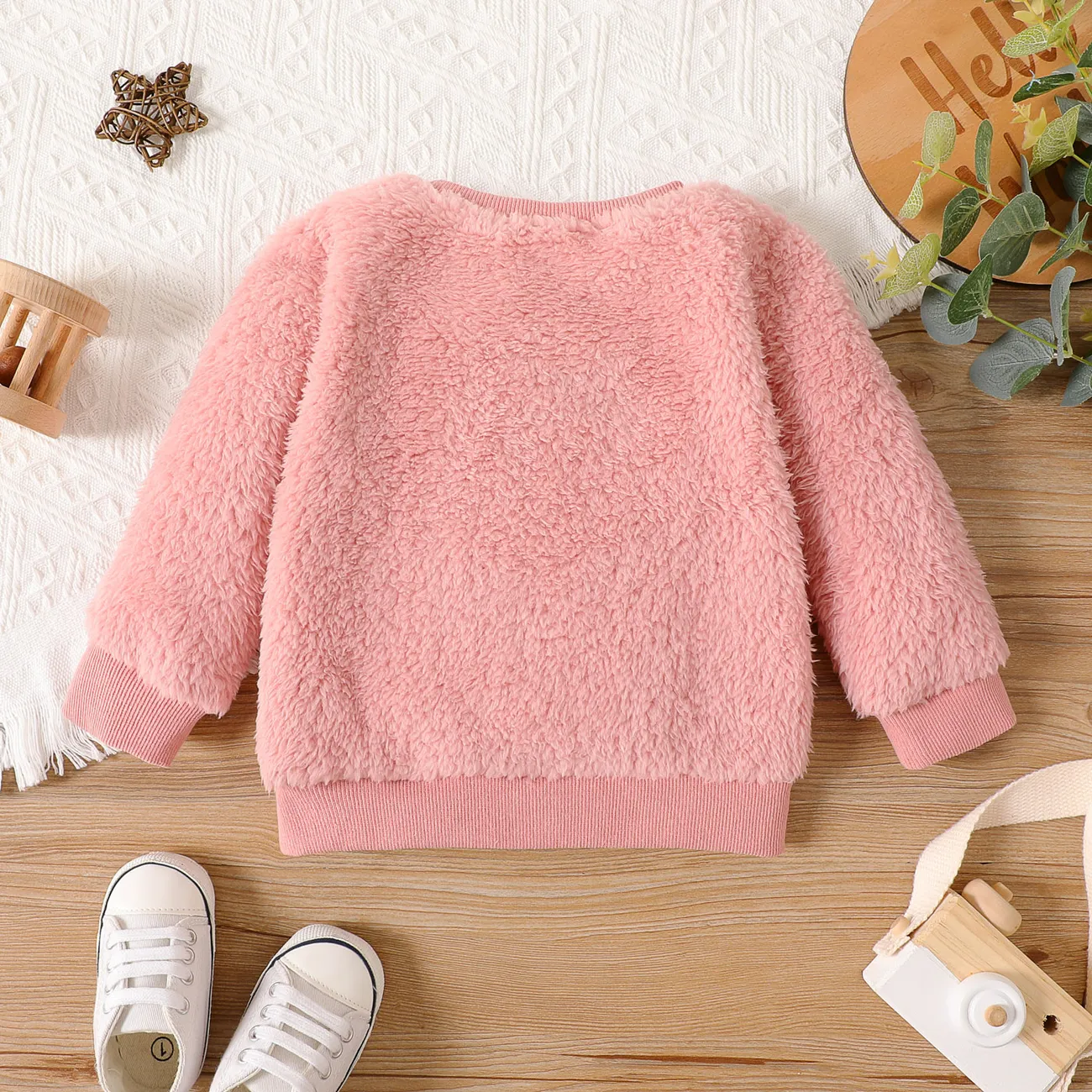 Baby Girl Cotton Long-sleeve Solid Fluffy Fleece Pullover incarnadinepink big image 1