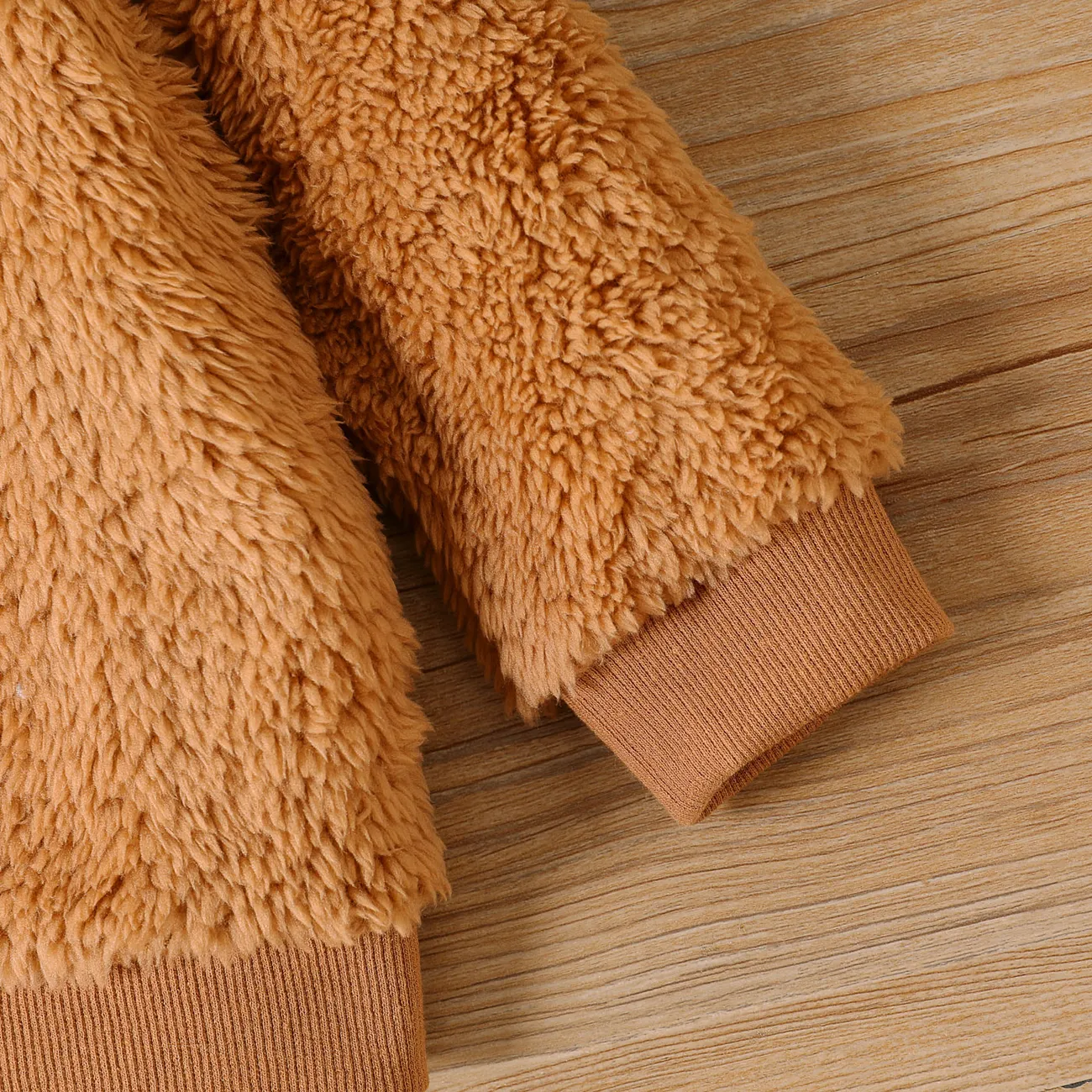 Baby Girl Cotton Long-sleeve Solid Fluffy Fleece Pullover Khaki big image 1