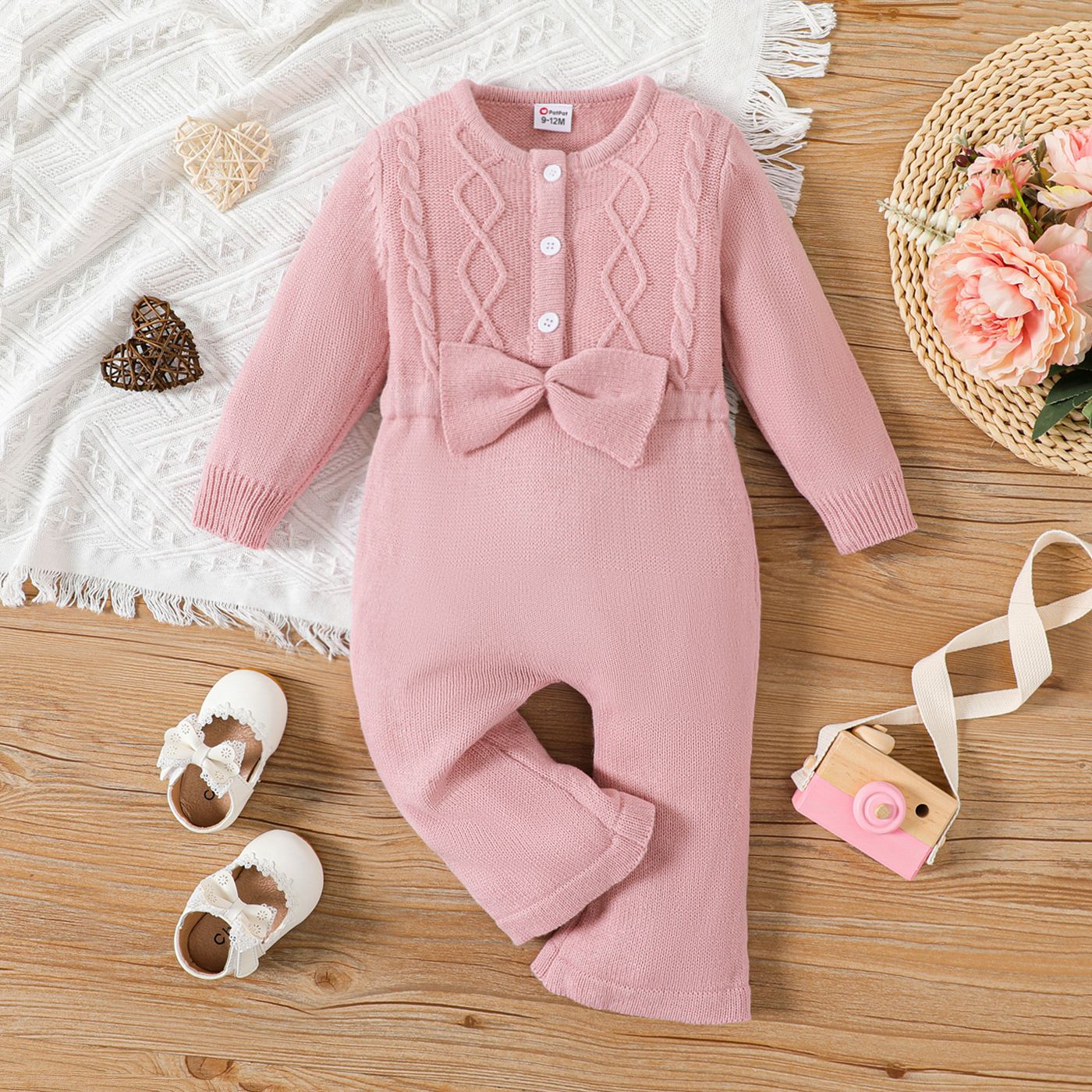 

Baby Girl Pink Cable Knit Bow Front Long-sleeve Bell Bottom Jumpsuit