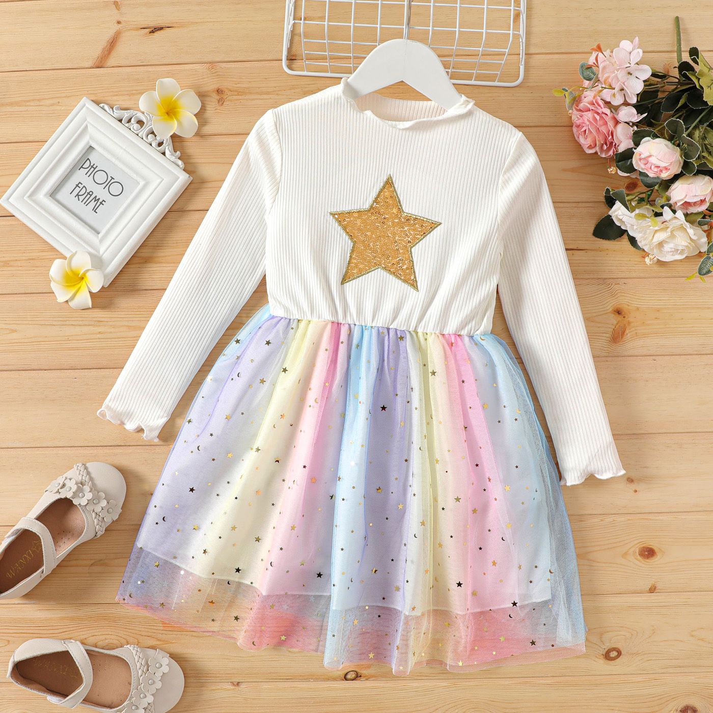 

Kid Girl Star Sequined Glitter Design Mock Neck Mesh Splice Long-sleeve Dress