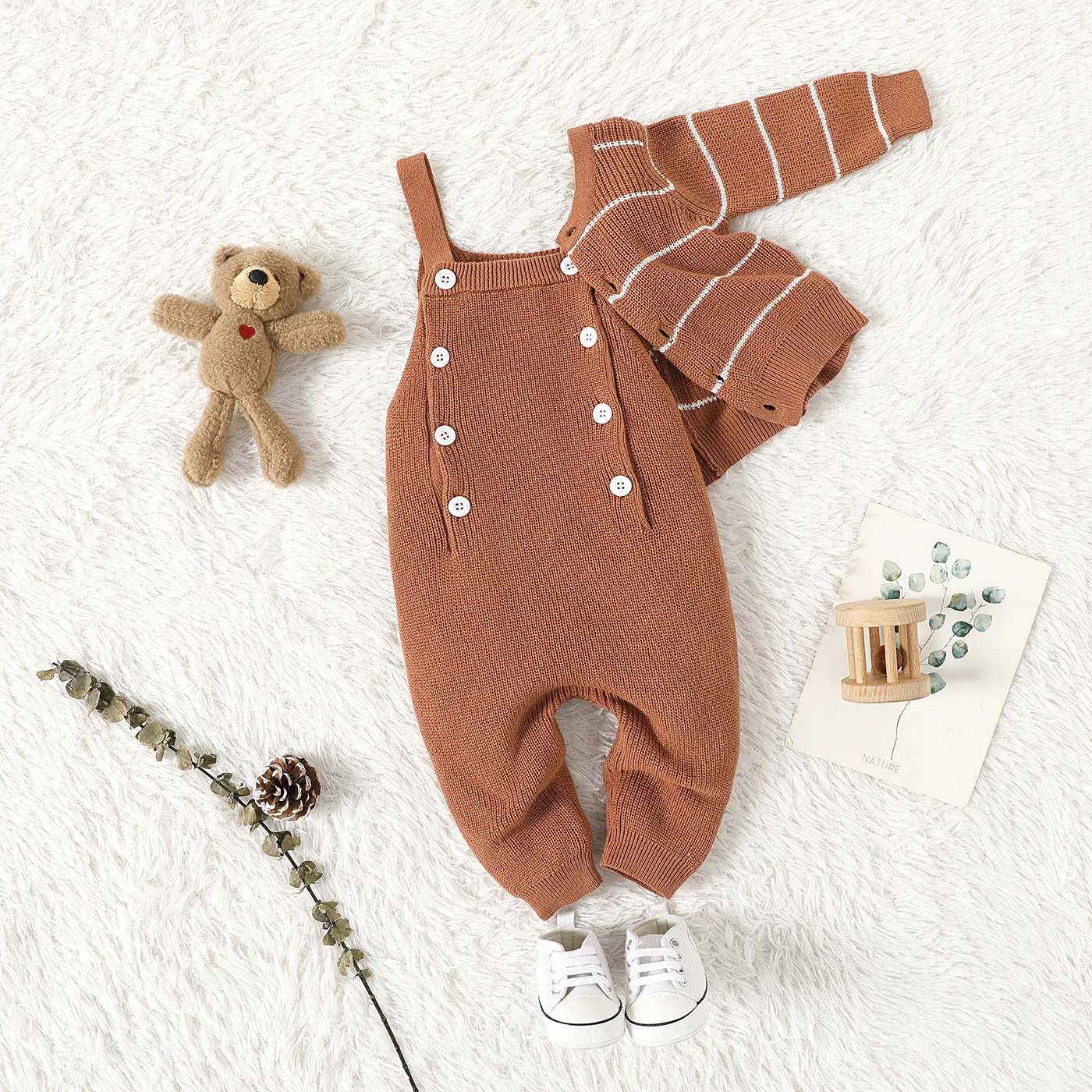 

100% Cotton 2pcs Baby Boy/Girl Brown Striped Long-sleeve Button Knitted Cardigan and Overalls Set