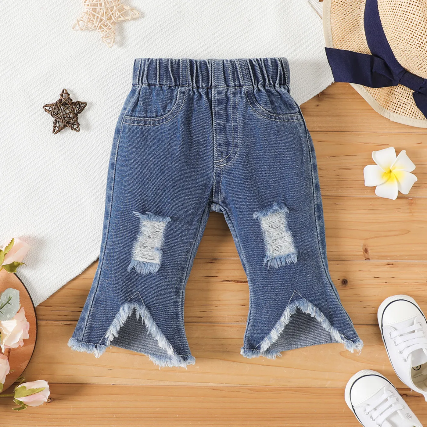 

Baby Girl Ripped Raw Cut Asymmetrical Hem Flare Leg Jeans