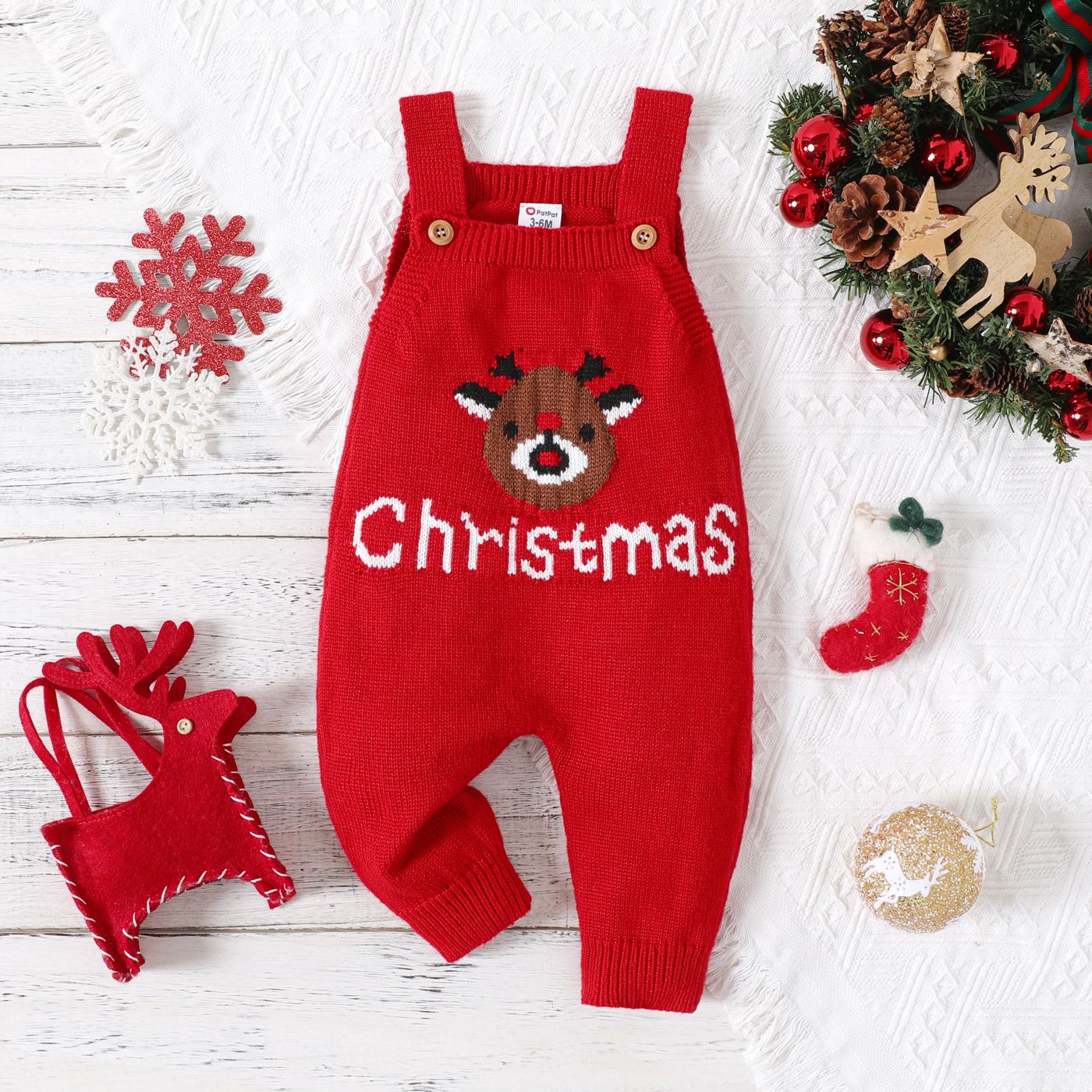 

Christmas Baby Boy/Girl Reindeer & Letter Graphic Red Knitted Overalls