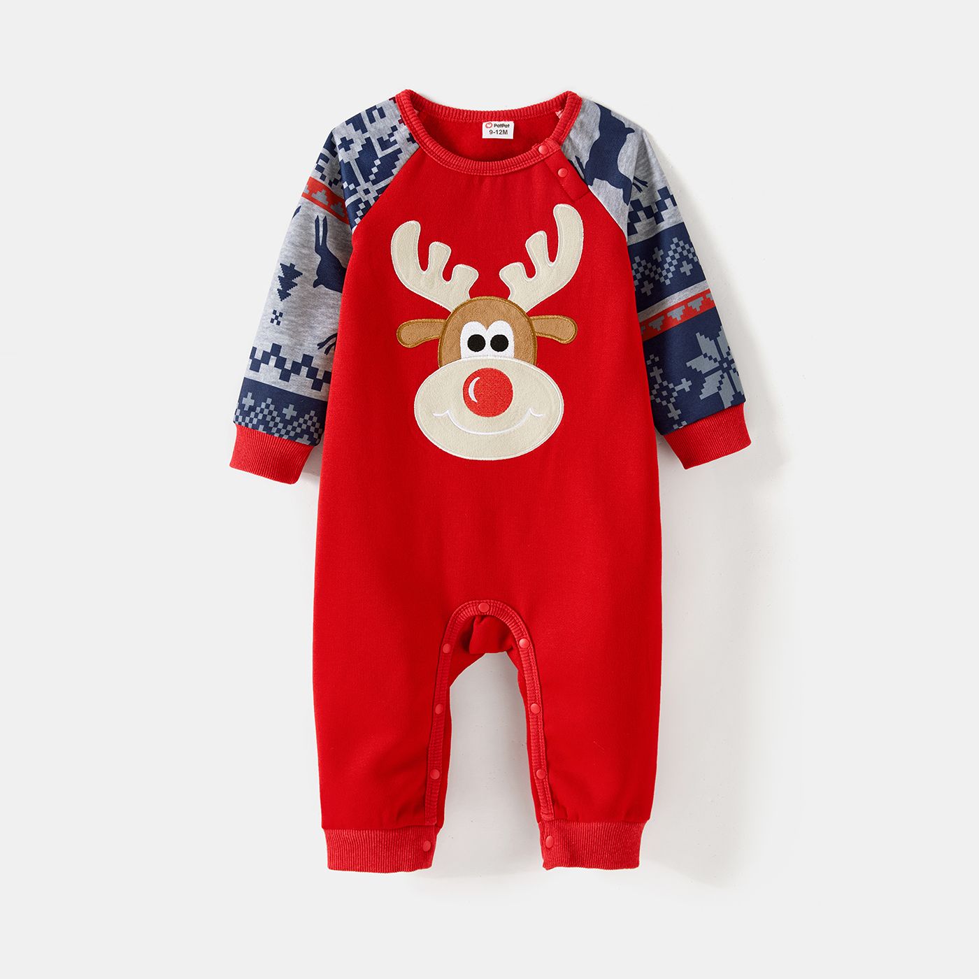 Christmas Family Matching Fleece Lined Raglan-sleeve Reindeer Embroidered Sweatshirts