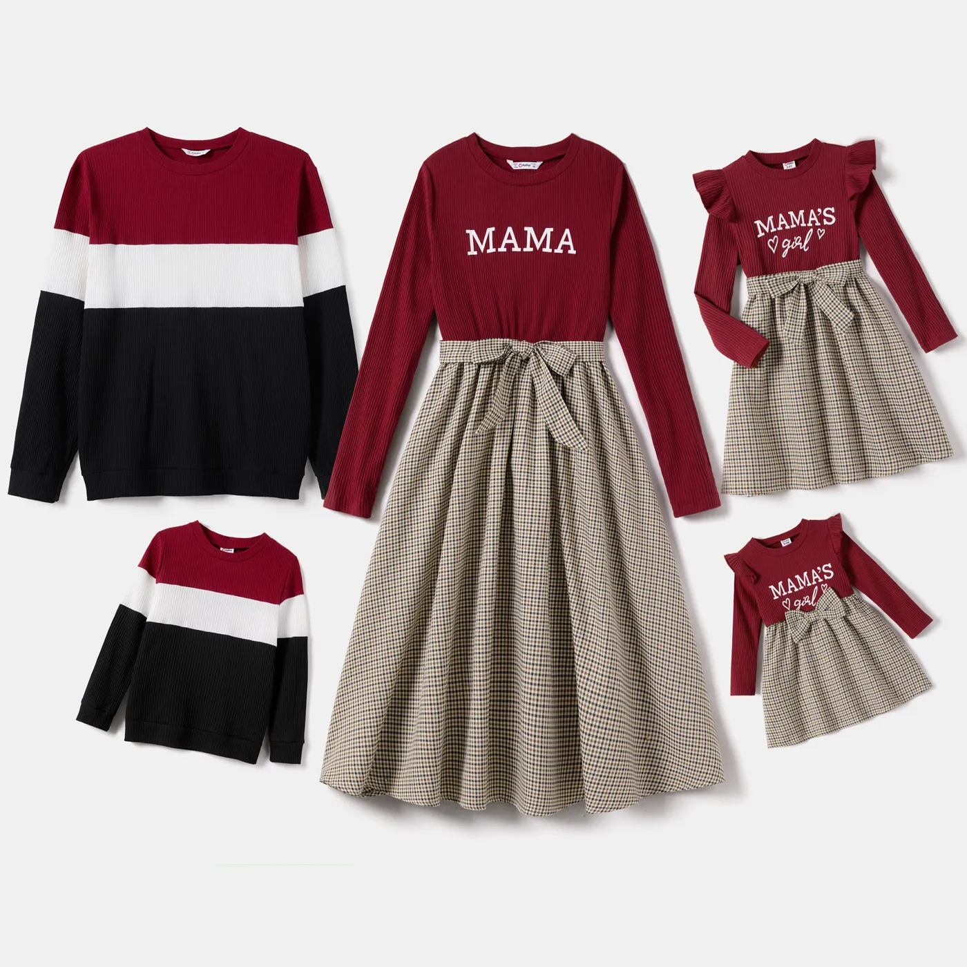 

Family Matching Letter Print Ribbed Spliced Gingham Belted Dresses and Long-sleeve Colorblock Tops Sets