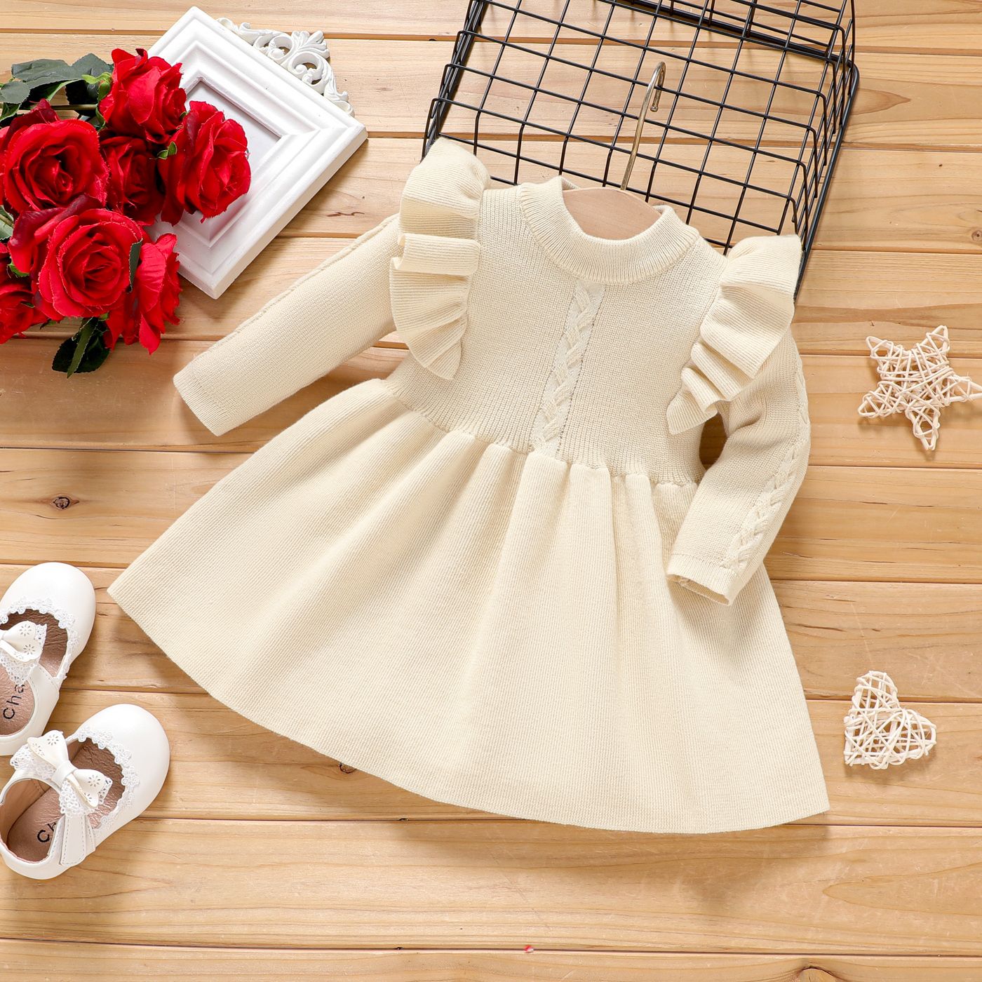

Baby Girl Solid Knitted Ruffle Trim Long-sleeve A-line Dress