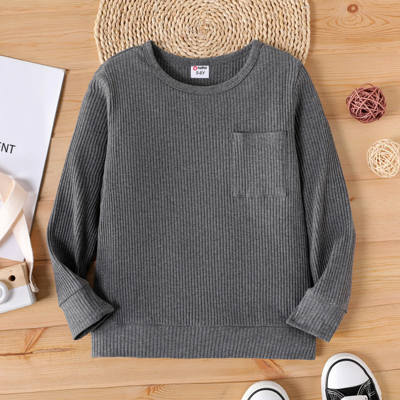 Kid Boy Pocket Design Grey Ribbed Cotton Knit Sweater  big image 1