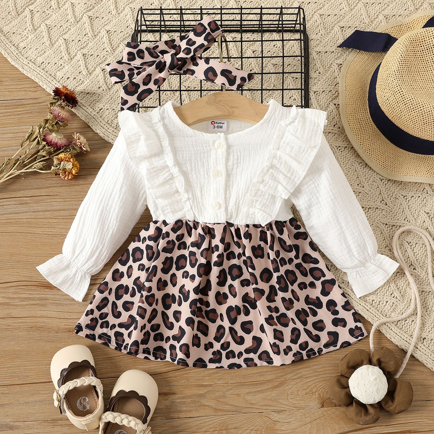 

2pcs Baby Girl 100% Cotton Crepe Ruffle Trim Long-sleeve Spliced Leopard Print Dress & Headband Set