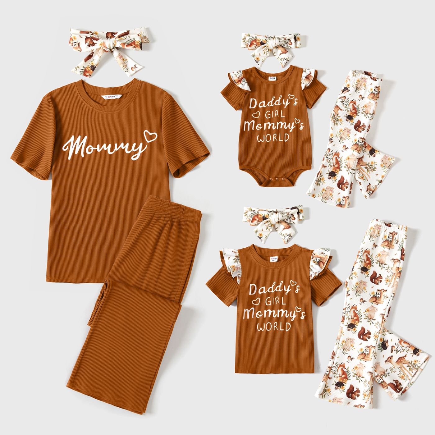 

Mommy and Me Cotton Ribbed Short-sleeve Letter Graphic Tee and Floral Print Pants Sets