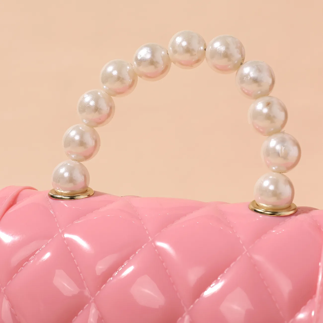 bolso satchel lingge con diseño geométrico y cierre de metal con asa de perlas sintéticas para niños pequeños/niños Rosado big image 1