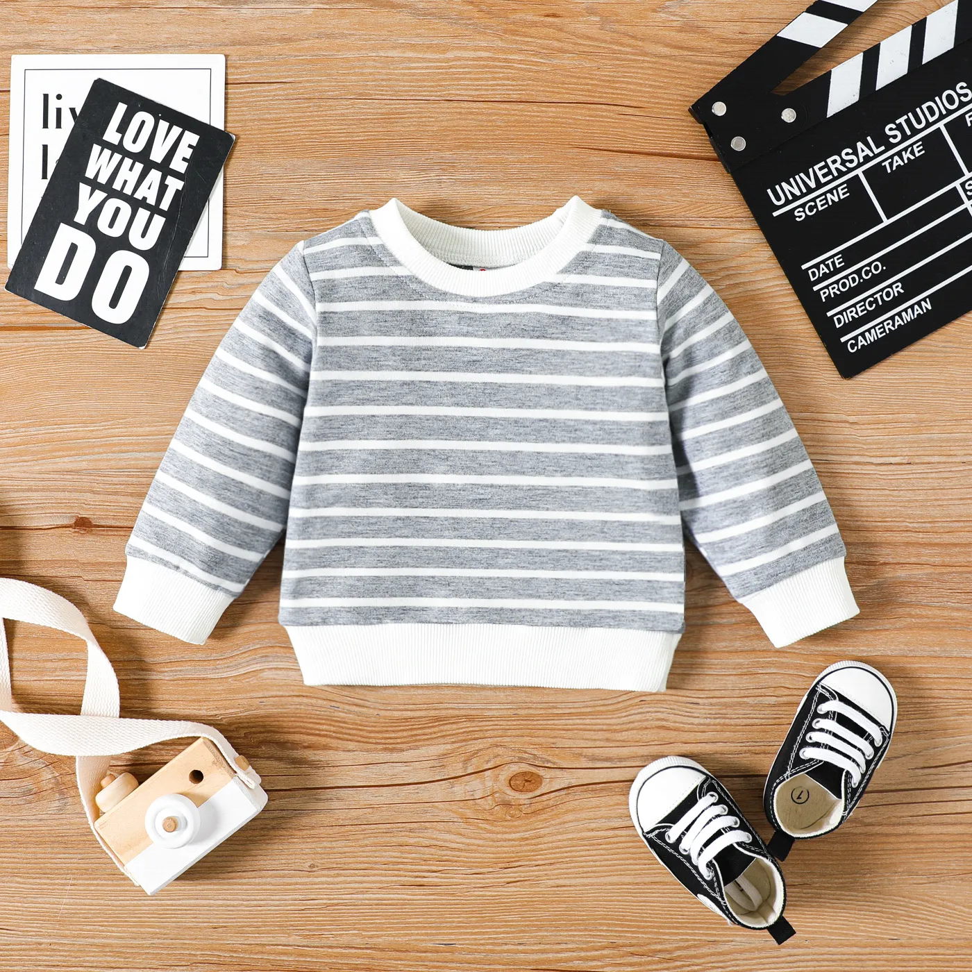 Baby Boy/Girl Long-sleeve Striped Pullover Sweatshirt Light Grey