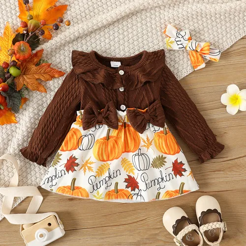 Thanksgiving Day 2pcs Baby Girl Brown Knitted Ruffle Trim Bow Front Spliced Pumpkin & Letter Print Long-sleeve Dress with Headband Set