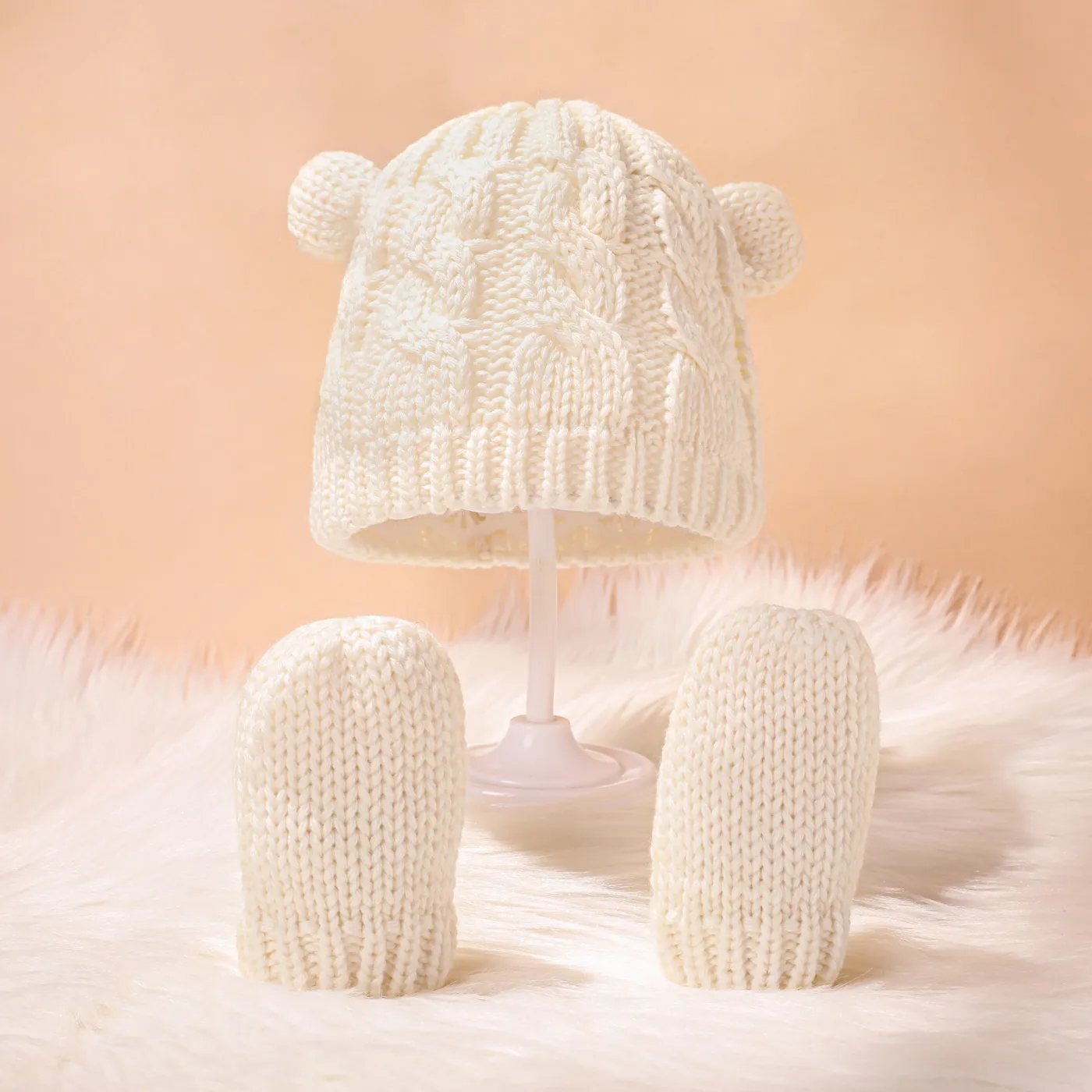 

2-pack Baby Cute Dual Ears Knitted Beanie Hat & Mittens Gloves Set