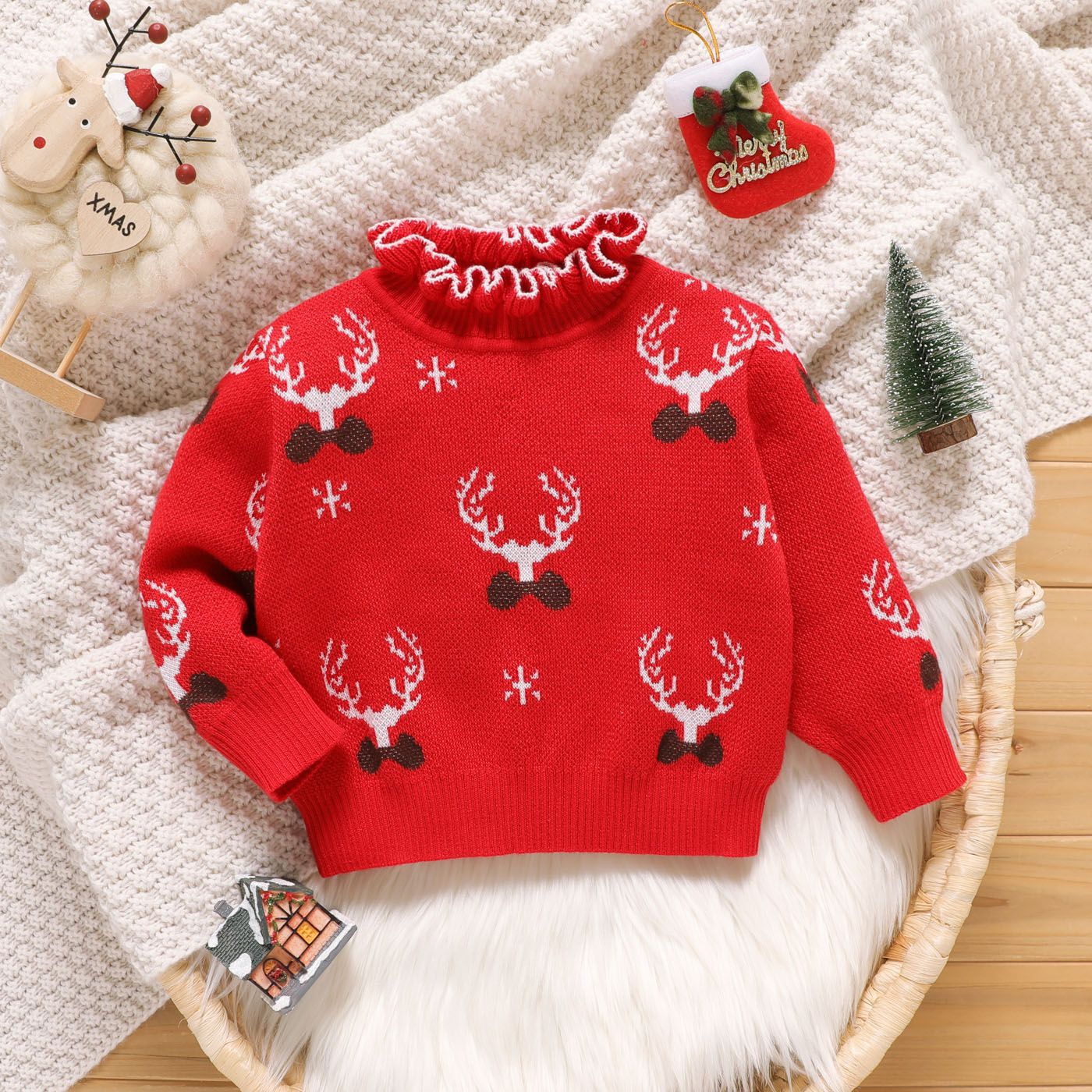 

Christmas Baby Girl Deer Graphic Red Frill Mock Neck Long-sleeve Knitted Sweater