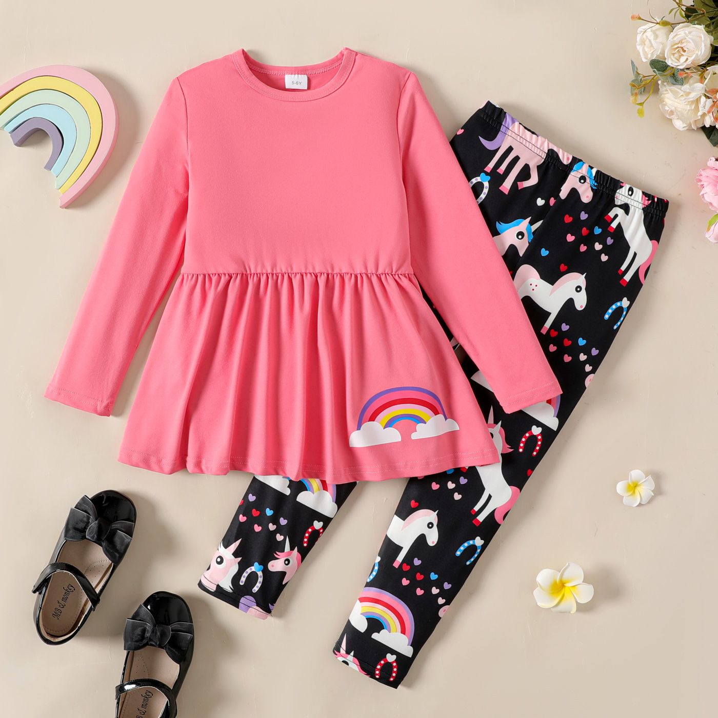 

2pcs Kid Girl Rainbow Print Peplum Tee and Unicorn Print Leggings Set