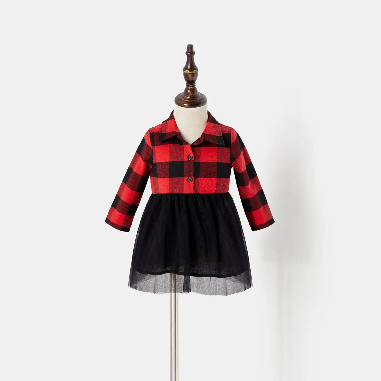 Christmas Family Matching Red Plaid Long-sleeve Button Up Shirts and Mesh Skirts Sets redblack big image 1