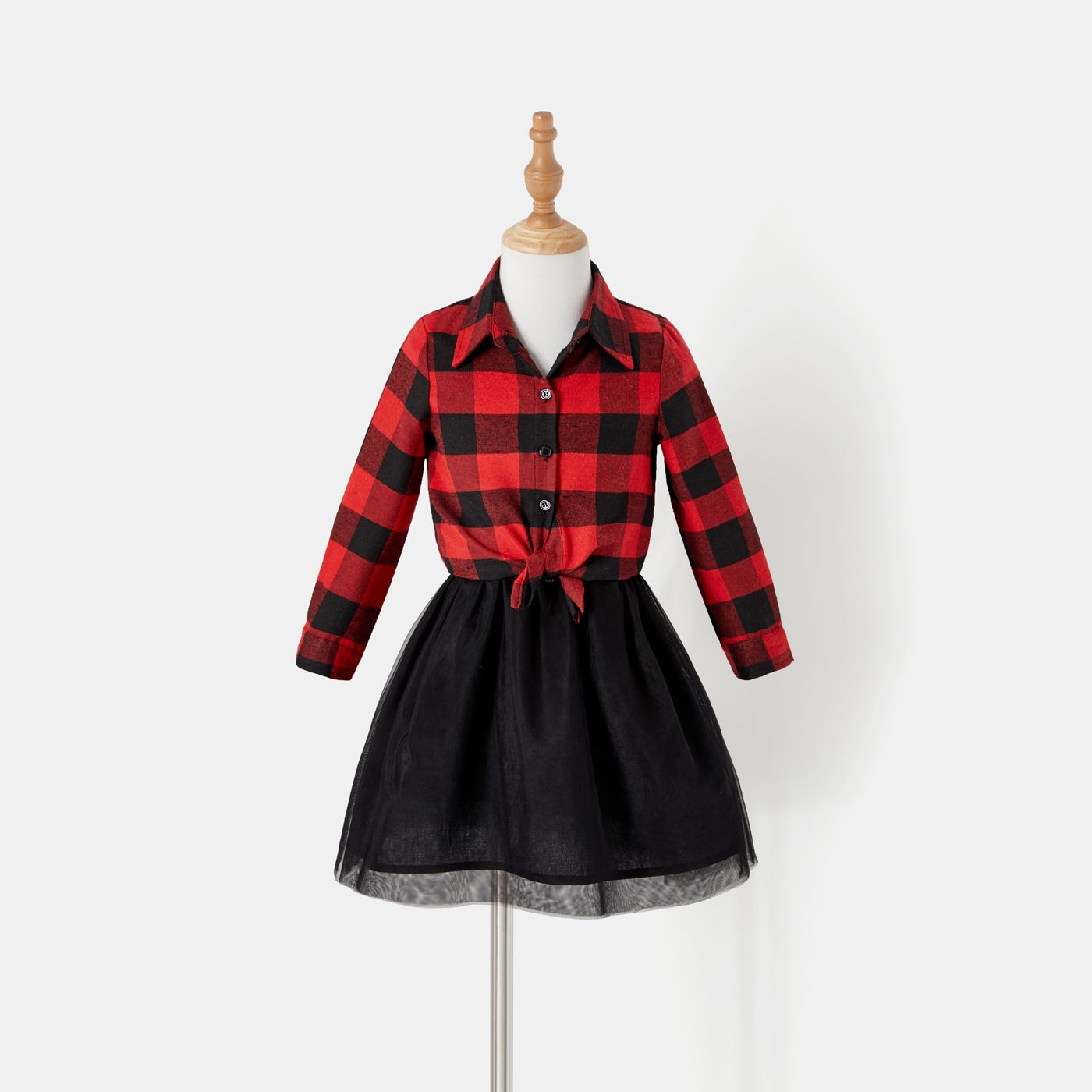 Christmas Family Matching Red Plaid Long-sleeve Button Up Shirts And Mesh Skirts Sets