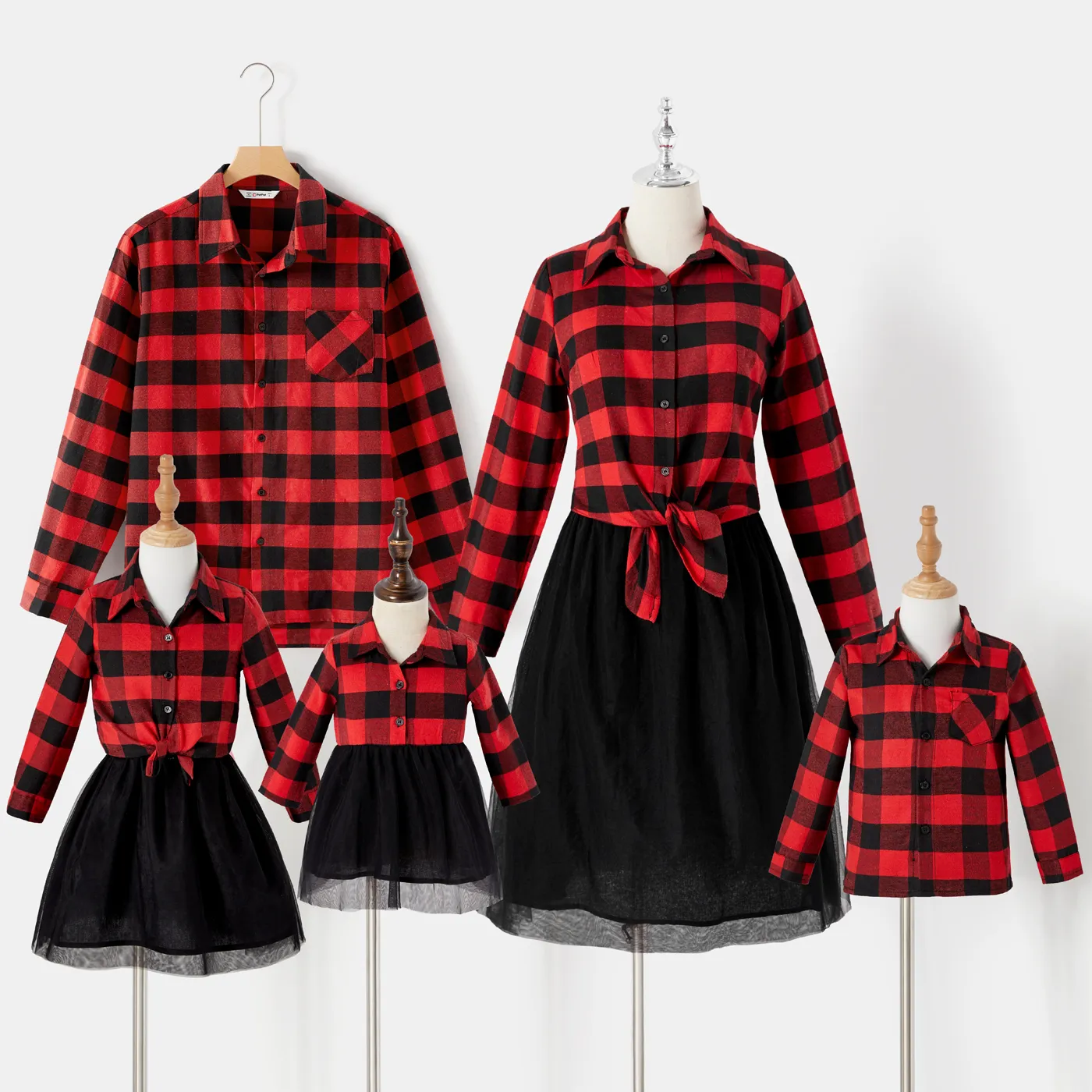 Christmas Family Matching Red Plaid Long-sleeve Button Up Shirts and Mesh Skirts Sets redblack image 3