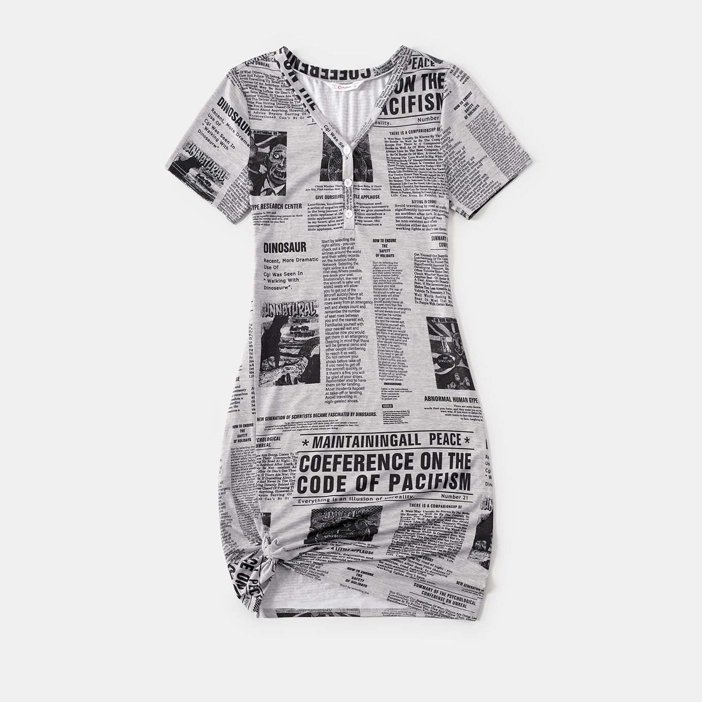 Family Matching Newspaper Print V Neck Short-sleeve Twist Knot Bodycon Dresses And T-shirts Sets