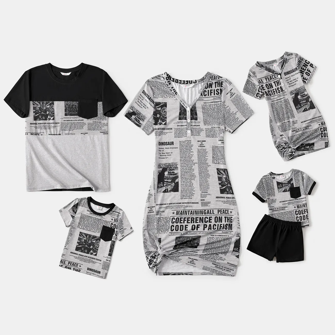 Family Matching Newspaper Print V Neck Short-sleeve Twist Knot Bodycon Dresses and T-shirts Sets MiddleAsh big image 1