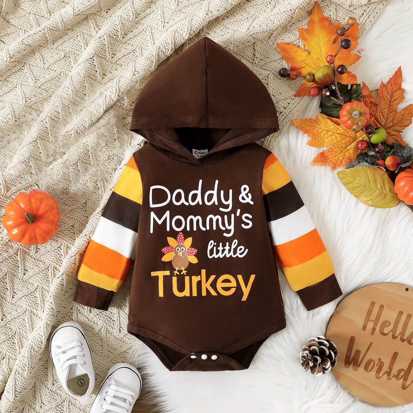 

Thanksgiving Day Baby Boy/Girl 95% Cotton Turkey & Letter Print Spliced Striped Long-sleeve Hooded Romper