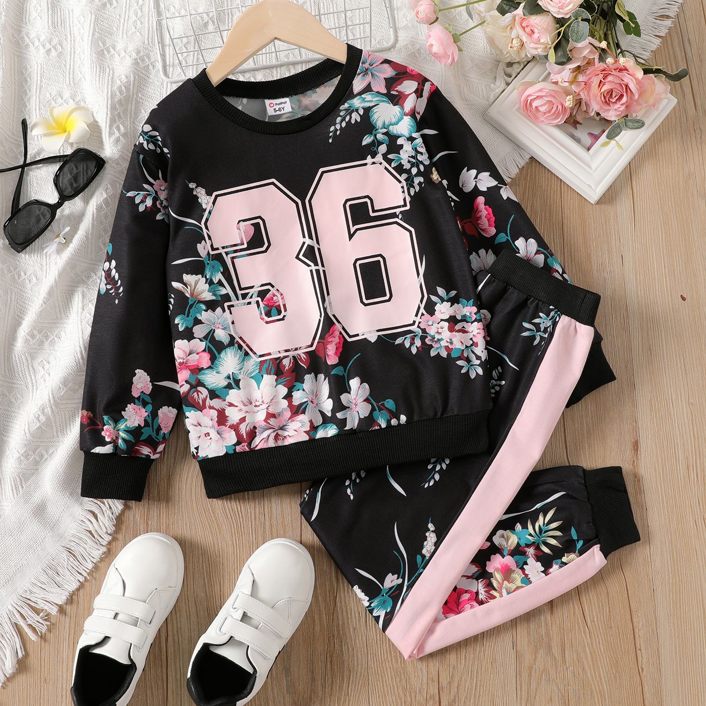 

2pcs Kid Girl Floral Print Colorblock Sweatshirt and Elasticized Pants Set