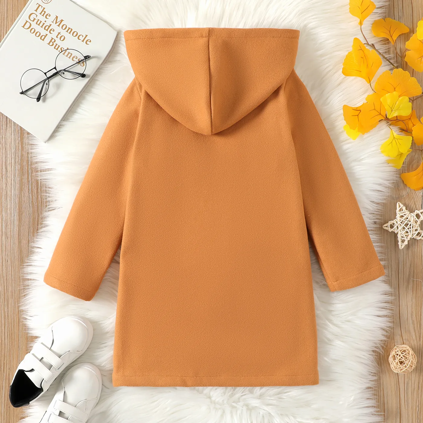 Kid Girl Button Design Hooded Coat lighttan image 2