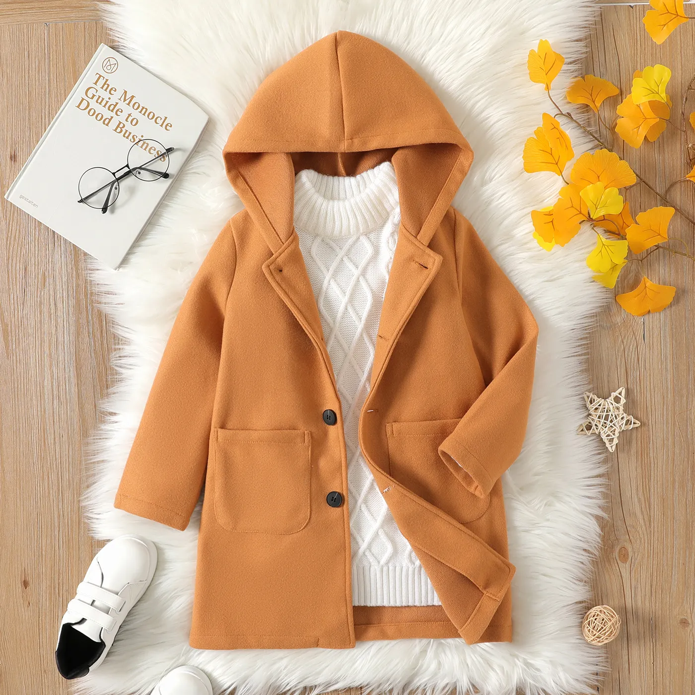 Kid Girl Button Design Hooded Coat