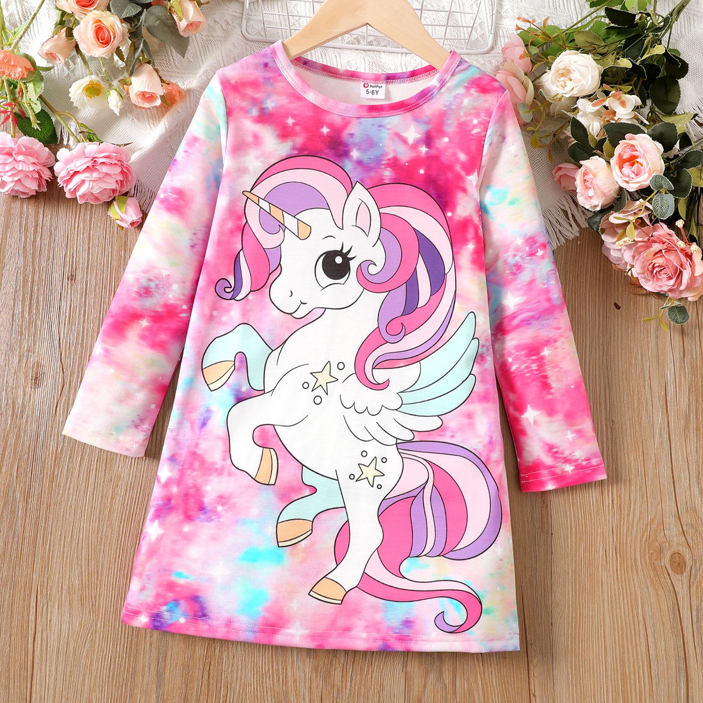 Kid Girl Sweet Unicorn Print Tie Dyed Long-sleeve Dress