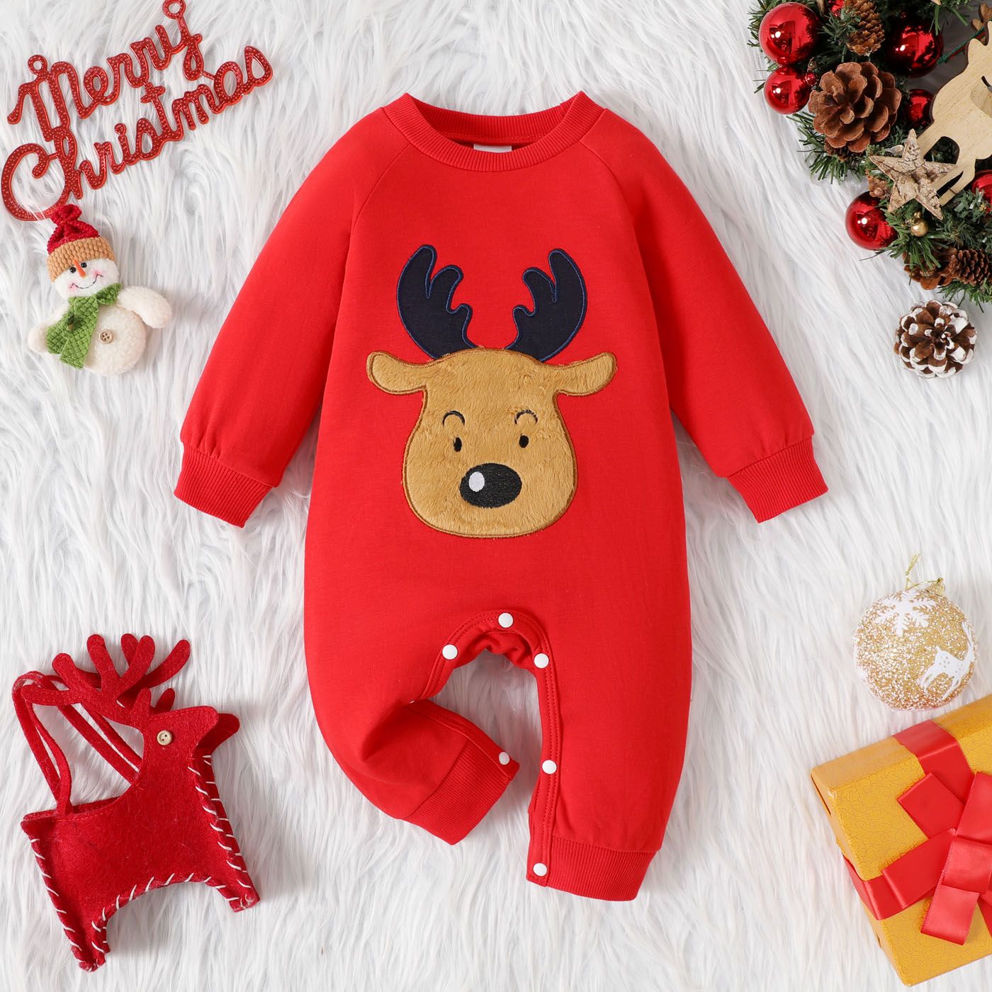 

Christmas Baby Boy/Girl Deer Embroidered Red Long-sleeve Jumpsuit