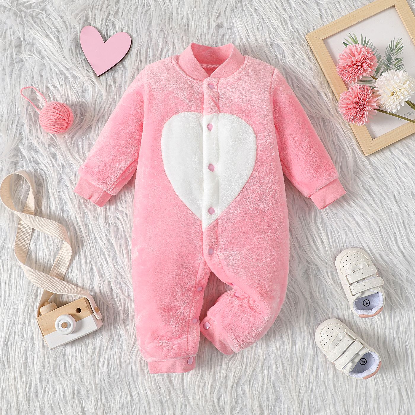 

Heart Print Fluffy Long-sleeve White or Yellow or Purple or Blue Baby Jumpsuit