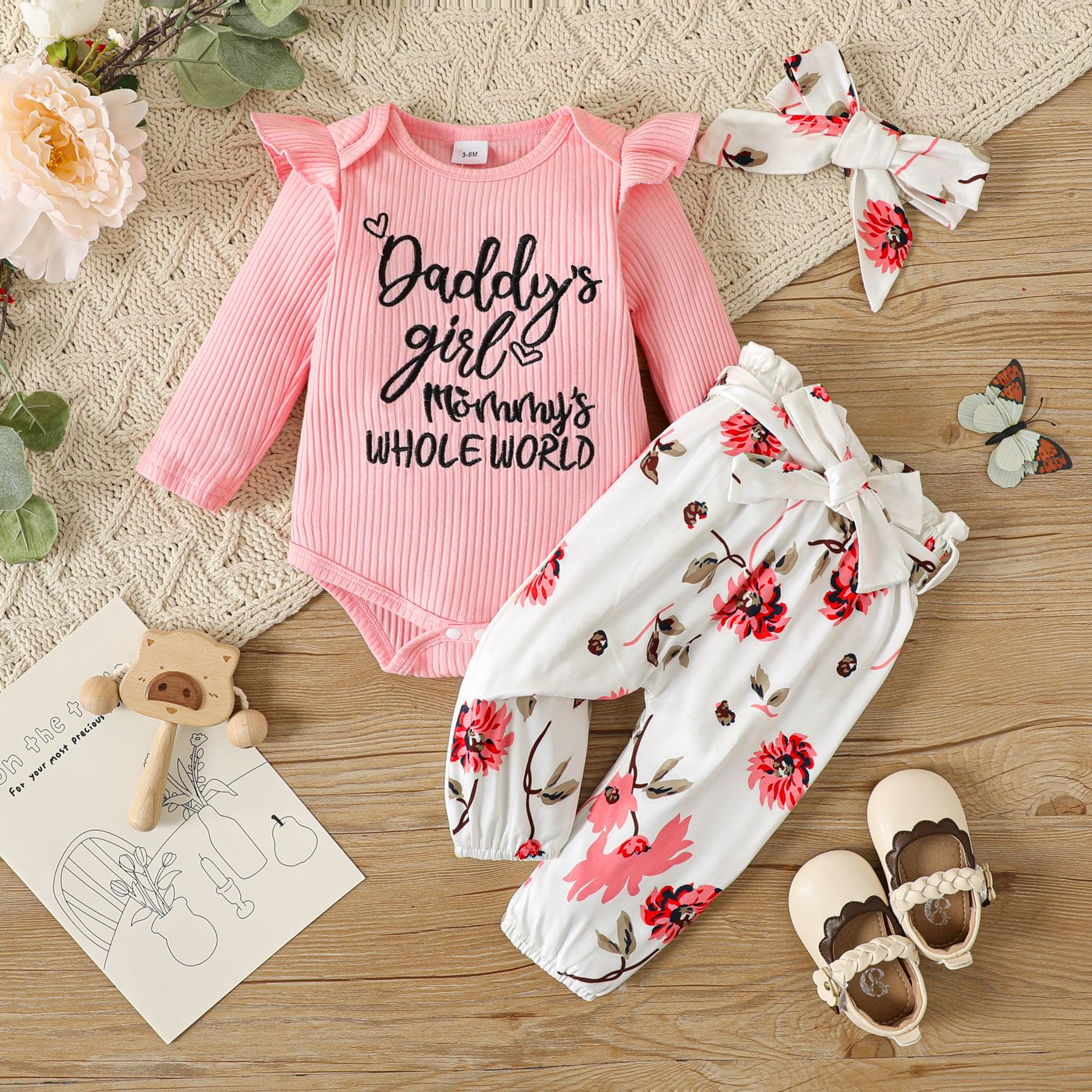 

3pcs Baby Girl 95% Cotton Letter Embroidered Ribbed Ruffle Trim Romper and Floral Print Belted Pants with Headband Set