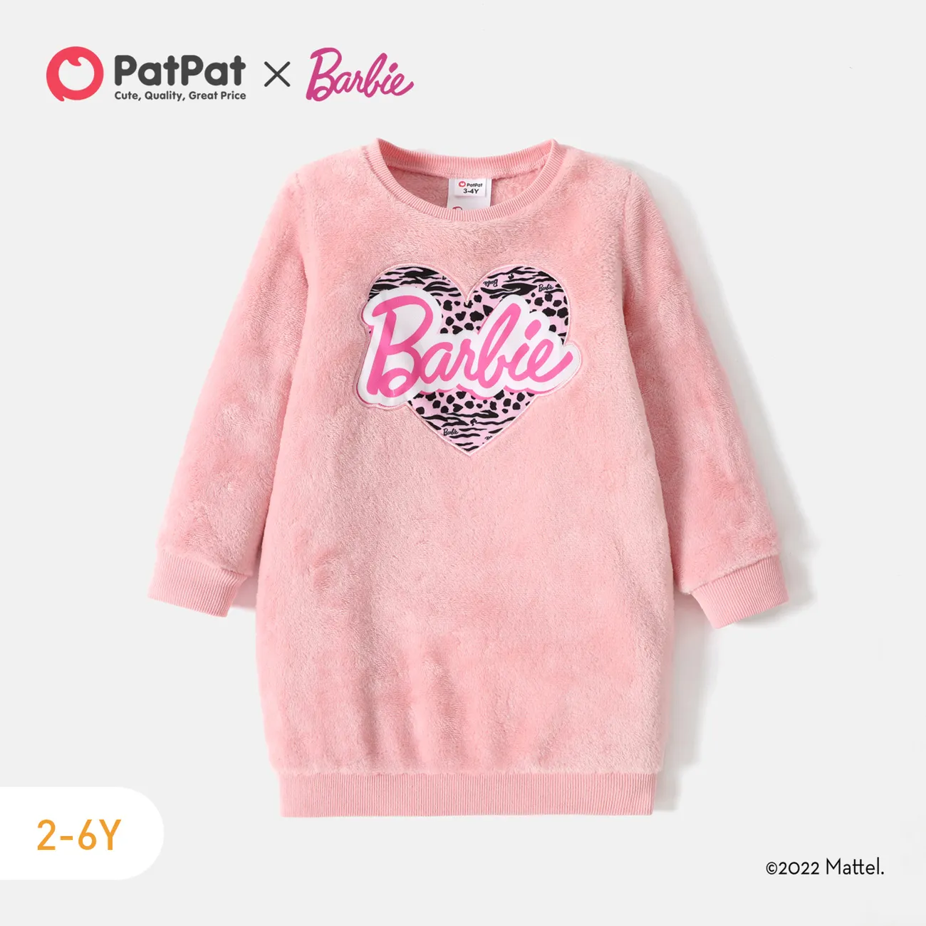 Barbie Toddler Girl Heart Print Fluffy Pullover Dress Pink big image 1