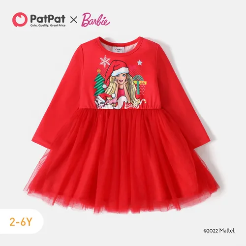 Barbie Toddler Girl Christmas Character Print Mesh Splice Long-sleeve Dress