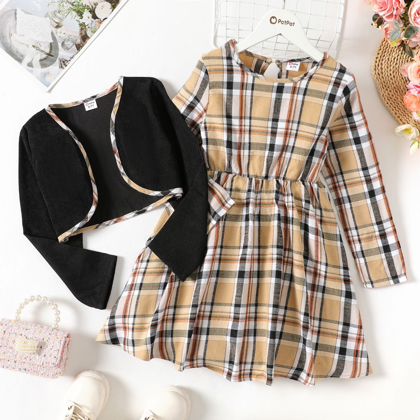 

2pcs Kid Girl Plaid Long-sleeve Dress and Black Cardigan Set