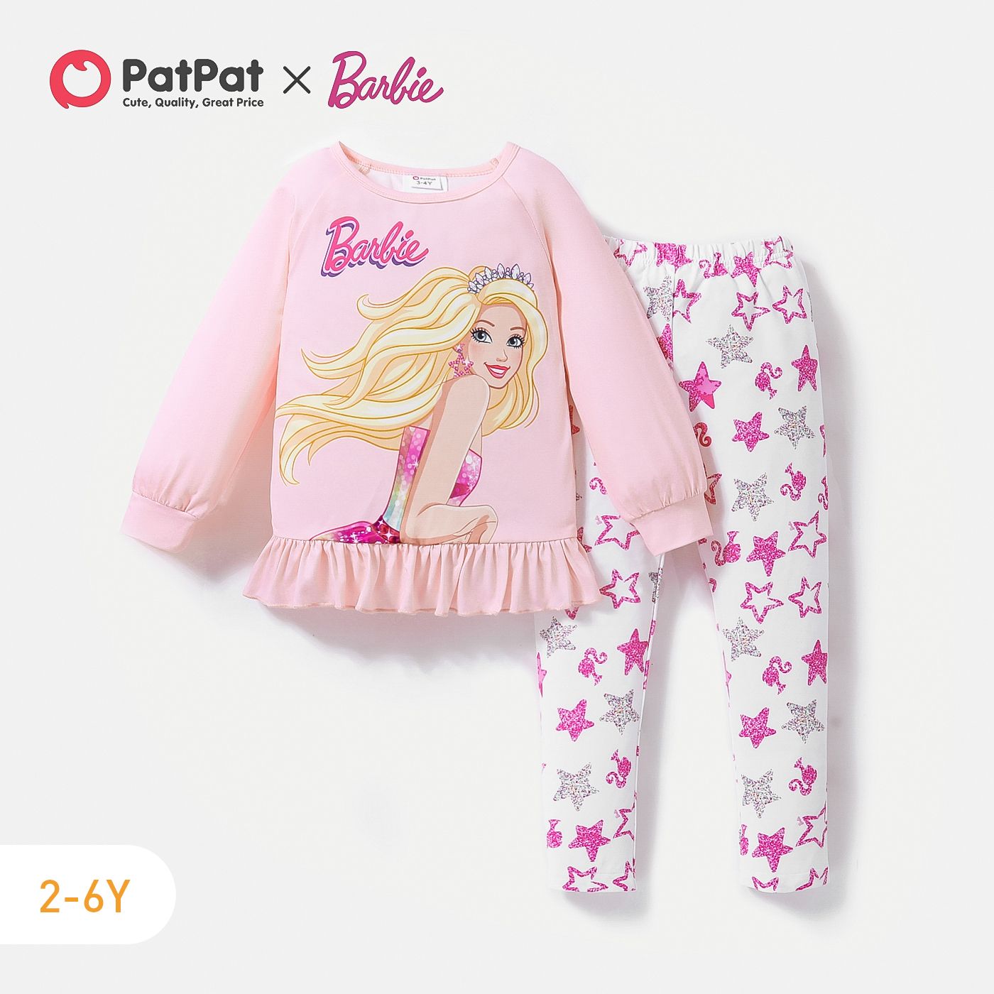 

Barbie 2pcs Toddler Girl Ruffle Hem Long-sleeve Tee and Star Print Leggings Set