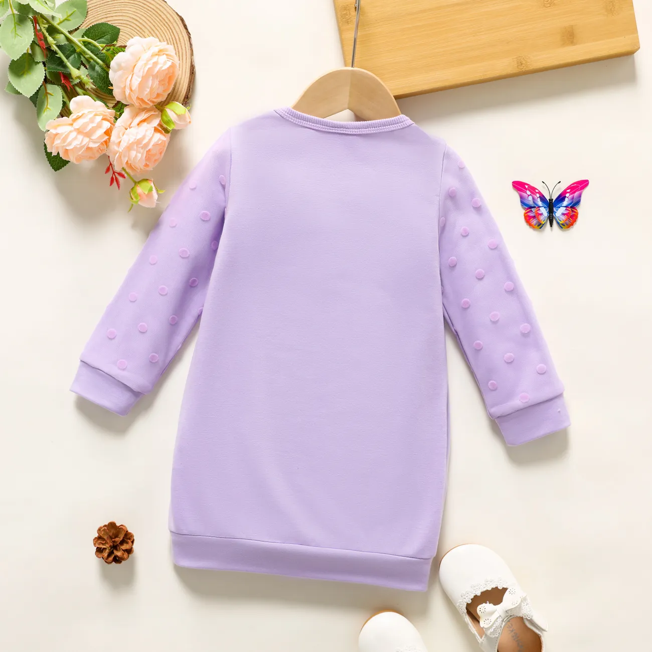 Toddler Girl Butterfly Polka Dots Mesh Layered Long-sleeve Grey Dress Light Purple big image 1