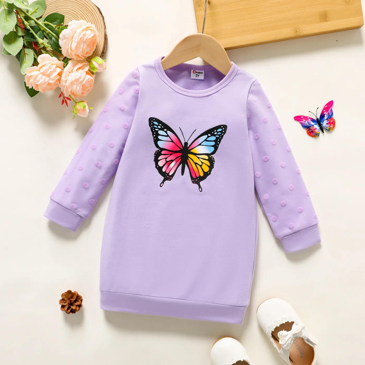 Toddler Girl Butterfly Polka Dots Mesh Layered Long-sleeve Grey Dress
