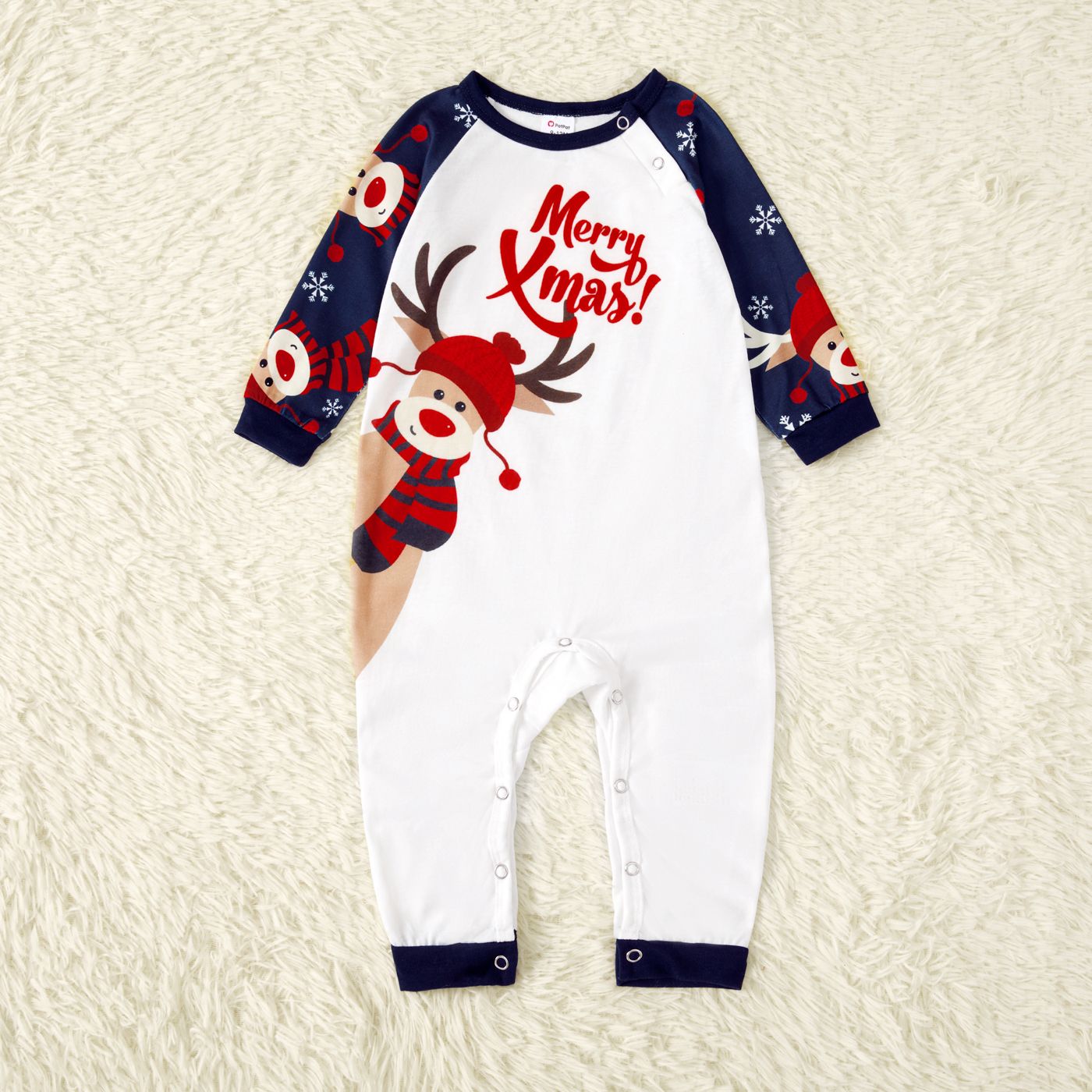 Merry Xmas Letters And Reindeer Print Navy Family Matching Long-sleeve Pajamas Sets (Flame Resistant)