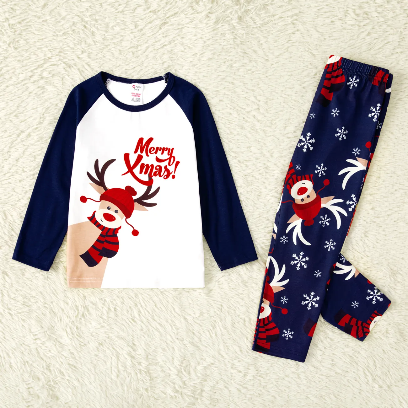 Merry Xmas Letters and Reindeer Print Navy Family Matching Long-sleeve Pajamas Sets (Flame Resistant) Dark blue/White/Red big image 1