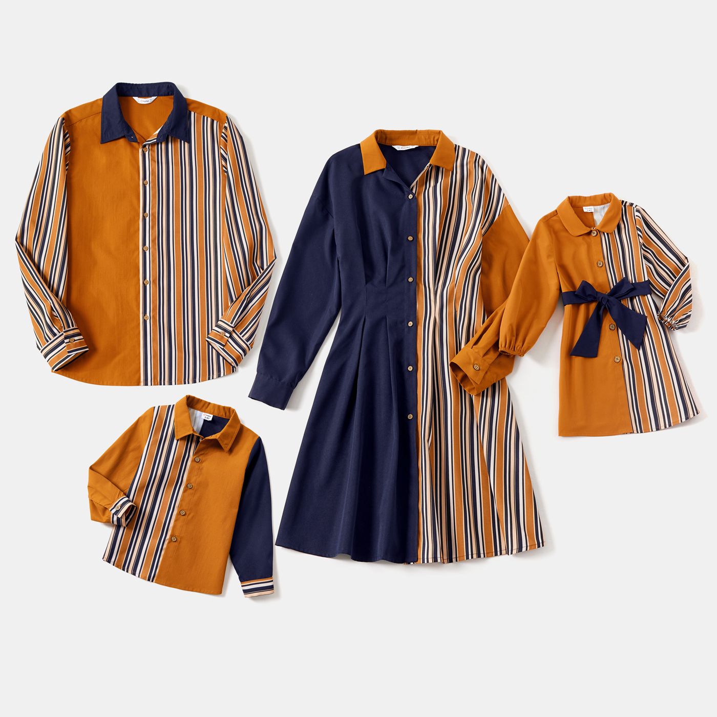 

Family Matching Striped Colorblock Spliced Long-sleeve Dresses and Shirts Sets