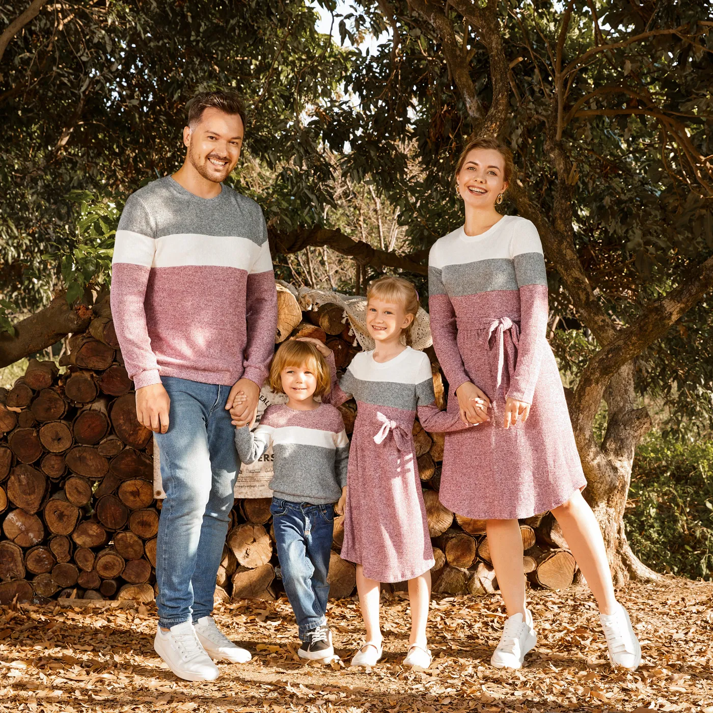 Family Matching Long-sleeve Colorblock Rib Knit Belted Dresses and Pullover Sets ColorBlock image 3