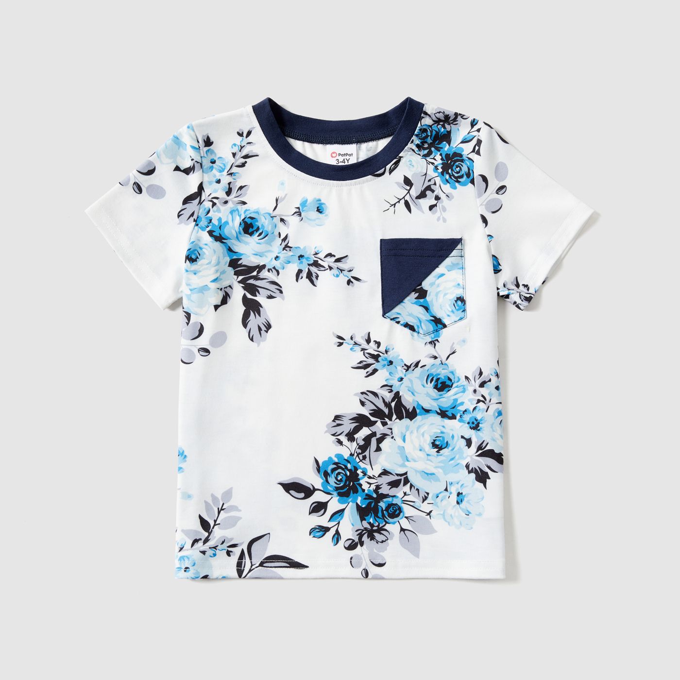 Family Matching 95% Cotton Dark Blue Short-sleeve T-shirts And Floral Print Spliced Dresses Sets