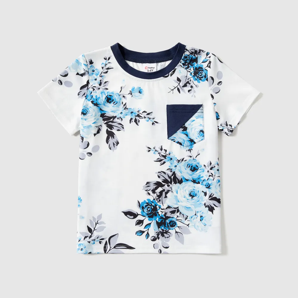Family Matching 95% Cotton Dark Blue Short-sleeve T-shirts and Floral Print Spliced Dresses Sets  big image 10